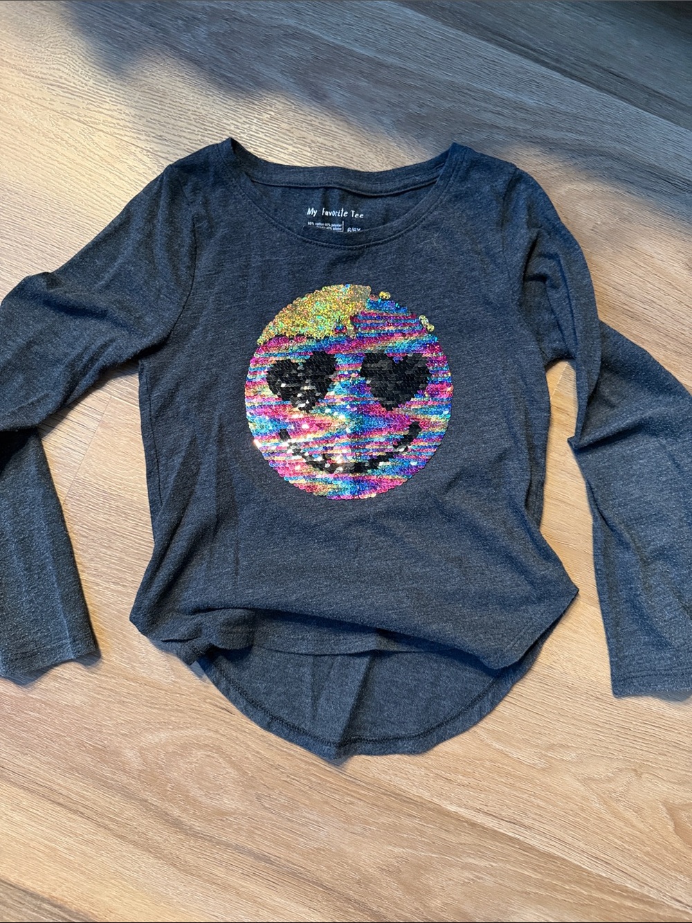 Girls' Dark Gray Sequin flip Emoji Long-Sleeve Tee
